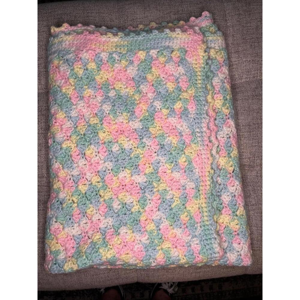 Hand Crochet Baby Blanket Pastel Colors Pink/Yellow/Blue/White 44”x 39”